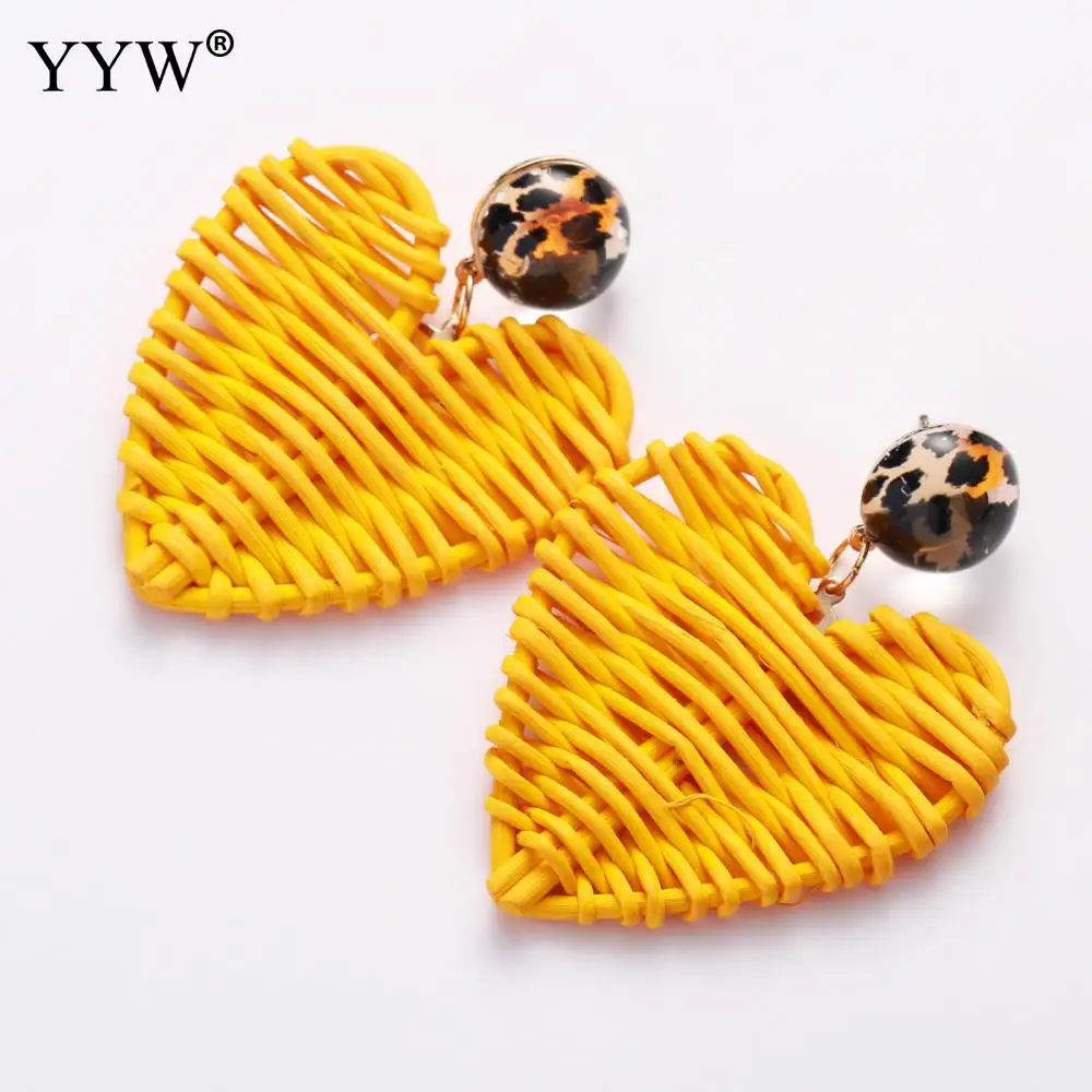 Женские длинные висячие серьги с желтым/белым сердцем из ротанга лоза вязаный