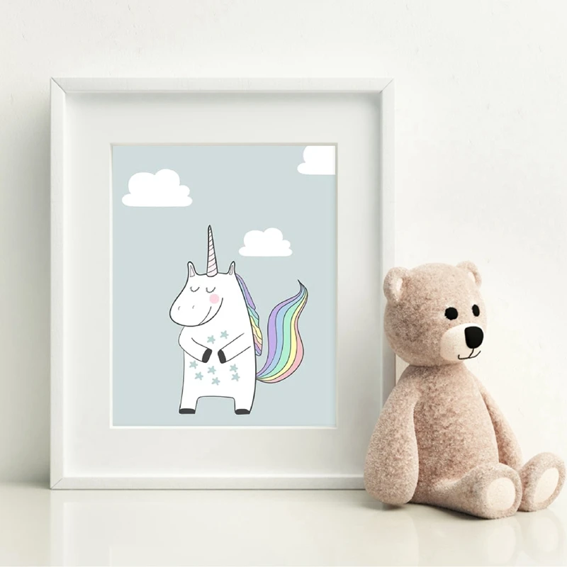 Единорог Холст плакат для девочек Детская Wall Art печати северных мультфильм