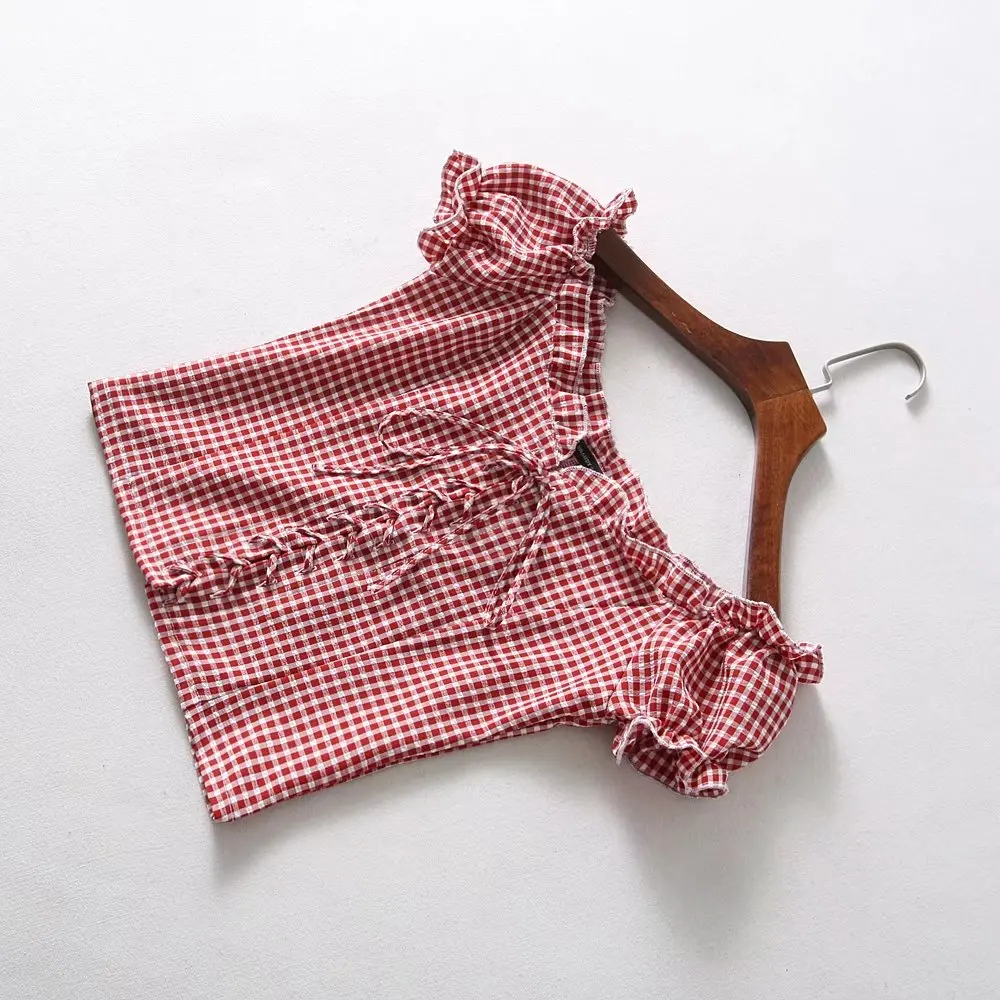 red plaid Kawaii, корейский стиль, летний топ, футболка, женская, квадратная горловина, сетчатый топ, на шнуровке, с рюшами, футболка, женская, белая, элегантная, сексуальная, бохо, уличная одежда - Цвет: red plaid