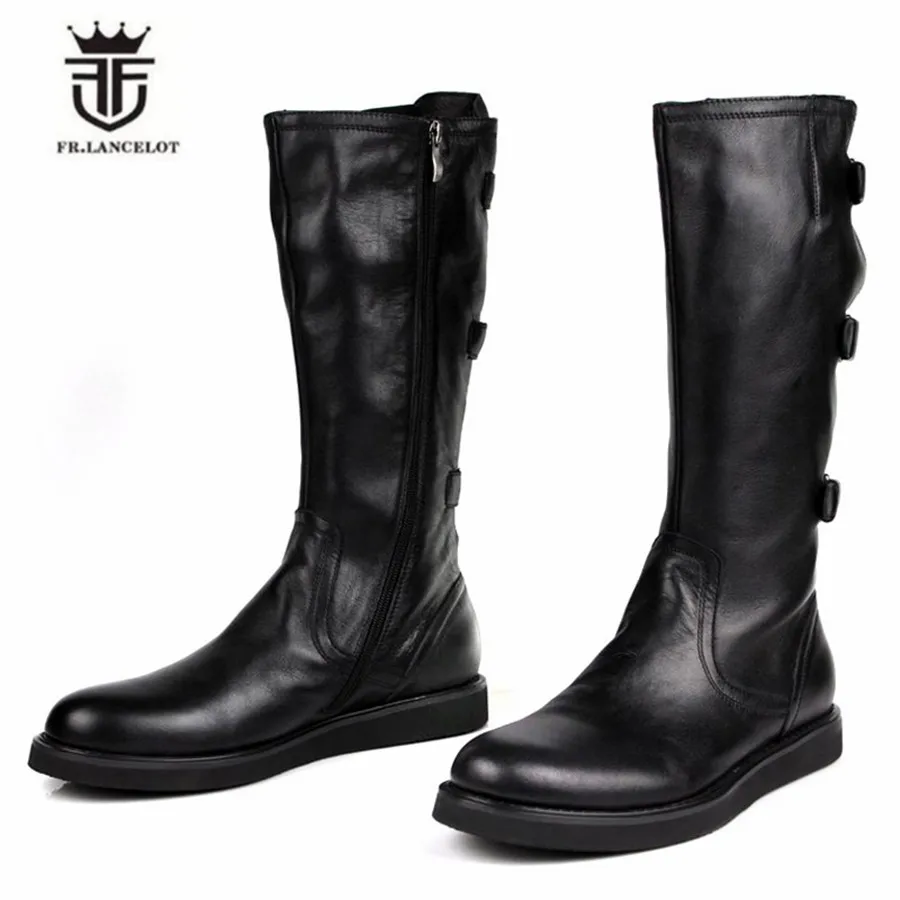 Сапоги мужские из натуральной кожи высокие облегающие заостренный носок молния