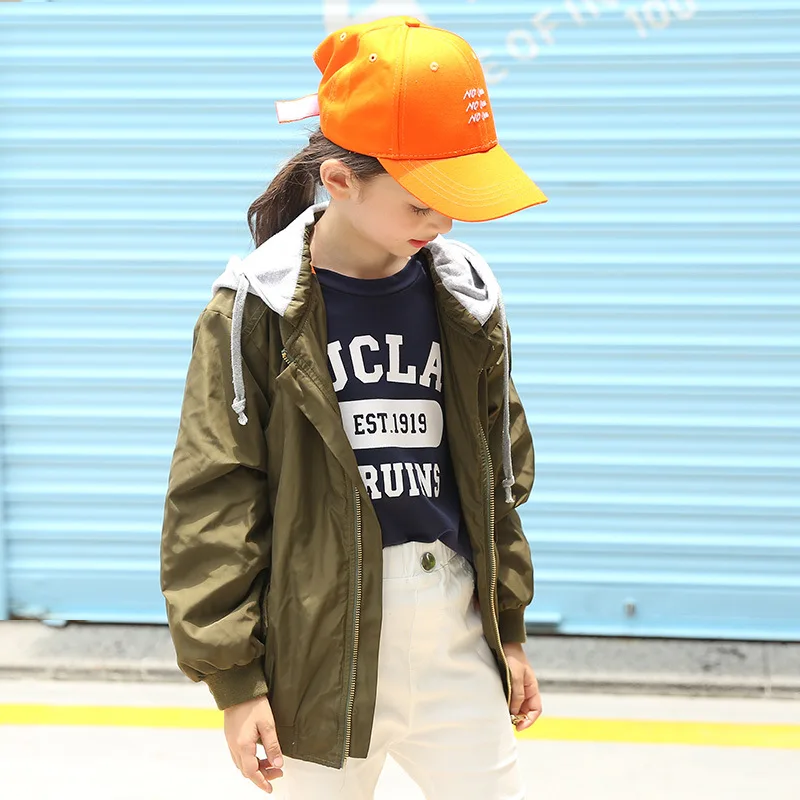 Осень Модный жакет для девочек с длинным рукавом на молнии капюшоном пальто