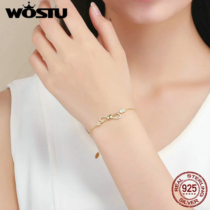 WOSTU хит продаж 100% Стерлинговое Серебро 925 пробы золотой цвет браслеты с бантом для