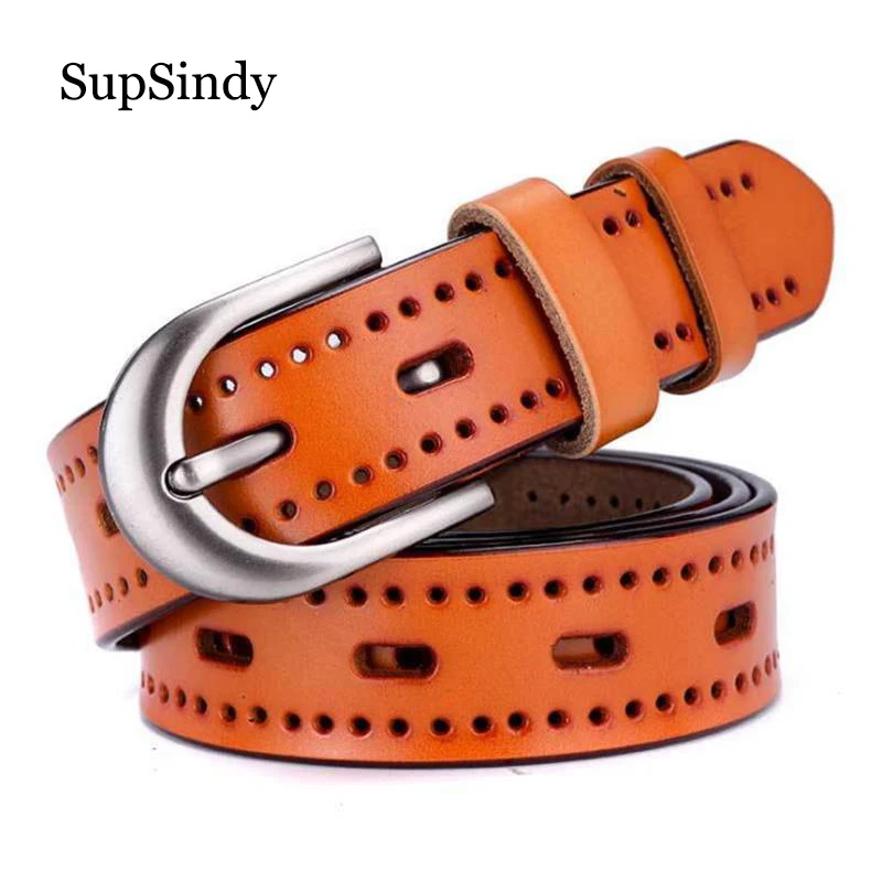 SupSindy hot women's genuine leather belt hollow Punk luxury brand designer belts for women jeans high quality female belt Black