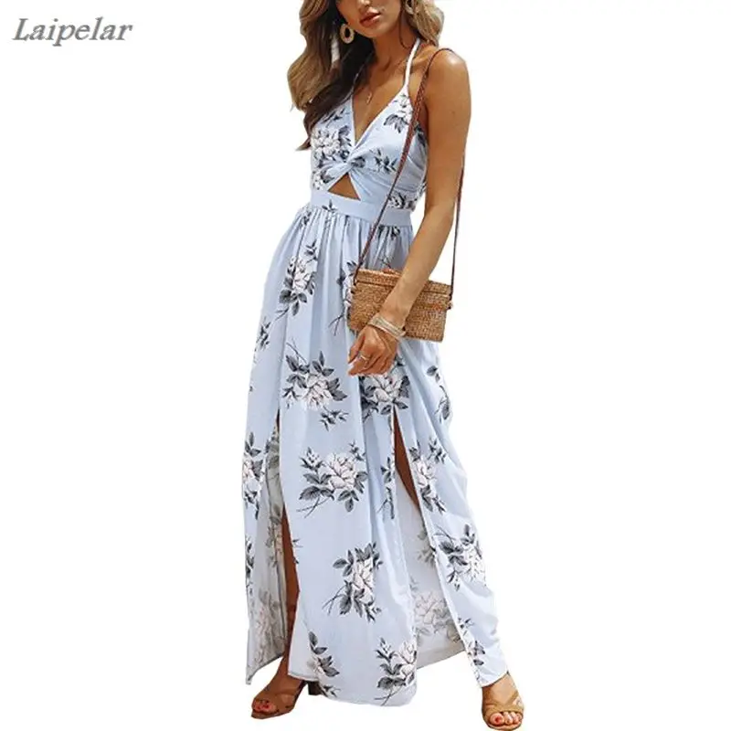 

Women's Boho Beach Dresses-Summer Floral Bohemian Spaghetti Strap Slit Cut Out Swing Maxi Dress Laipelar