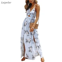 womens boho beach dresses summer floral bohemian spaghetti strap slit cut out swing maxi dress laipelar