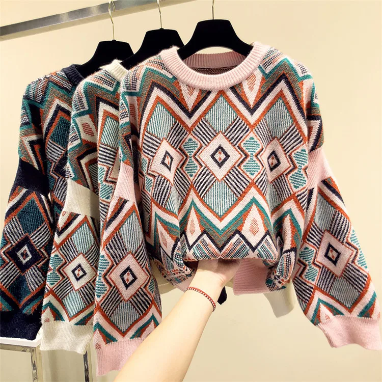 Women's Sweater Oversized Sueter Mujer Invierno 2020 Korean Print Blue Knitted Fashion Women Sweaters and PulloversLW199 | Женская