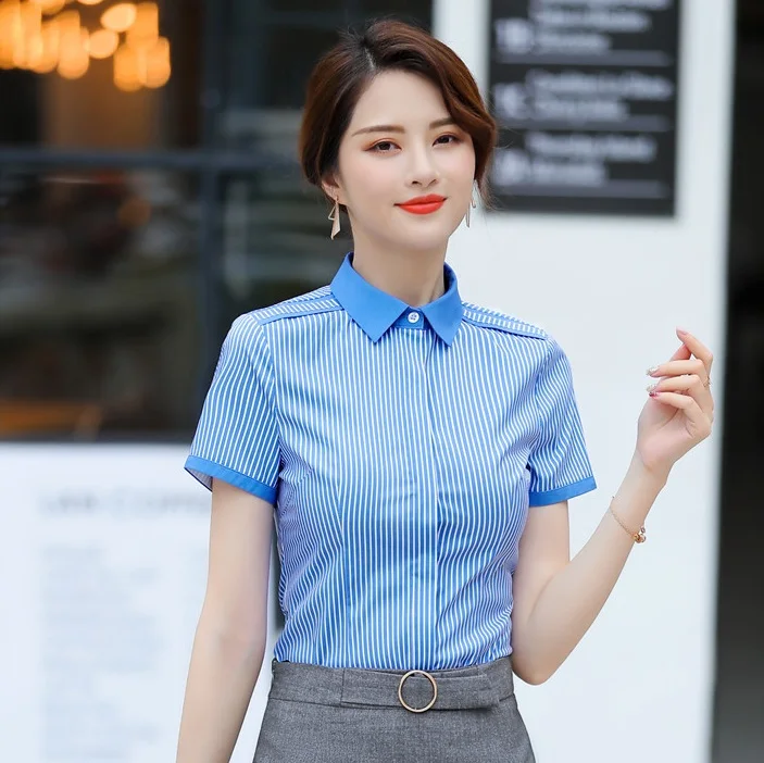 Женские офисные блузки и рубашки с коротким рукавом офисная одежда в синюю