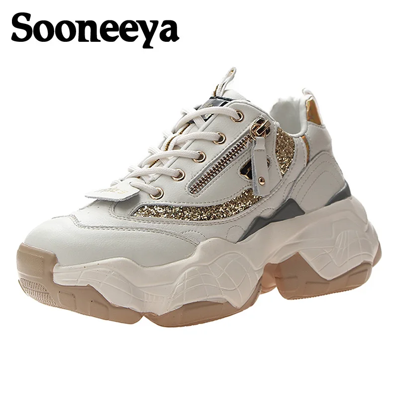 Женские кроссовки на платформе Sooneeya белые с блестками молнии для тренировок