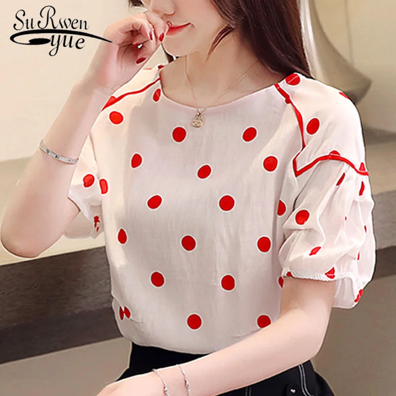 

fashion womens clothing blouses woman 2021 summer short sleeve women blouse dot chiffon white blouse women shirts tops 3398 50