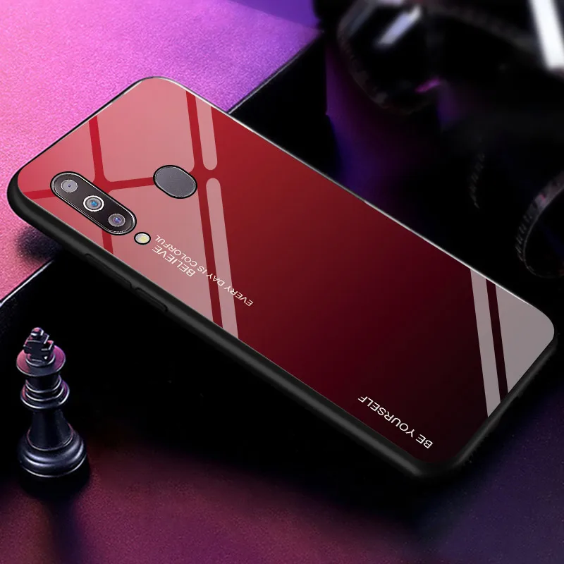 Red Градиентный чехол из закаленного стекла для телефона для samsung Galaxy A10 A20 A20E A30 A50 A70 M10 M20 M30 S10 S10e плюс ударные Красочная обложка - Цвет: Red