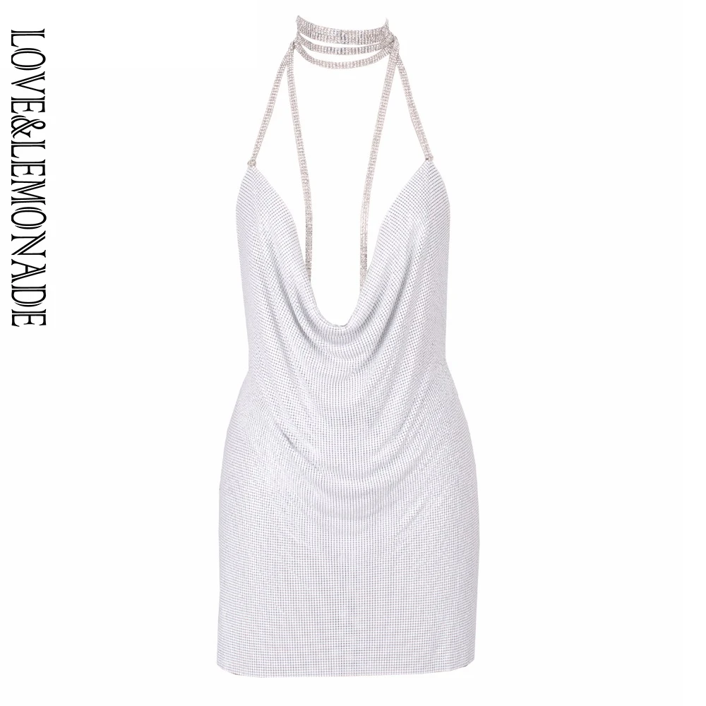 Женское вечернее платье LOVE & LEMONADE белое металлическое с лямкой на шее модель