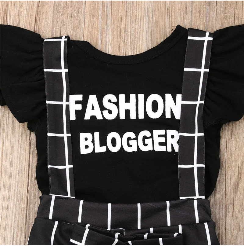 1-6T Fashion Toddler Kid Girls Clothes set Ruffles Short Sleeve Top and plaid Overalls Pants Cute Lovely Outfits Streetwear