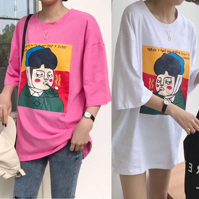 Women Summer Fun Printing Oversize T shirt Cartoon Loose 3/4 sleeved Long Pink White New Spring Korean Shirt|Футболки| |