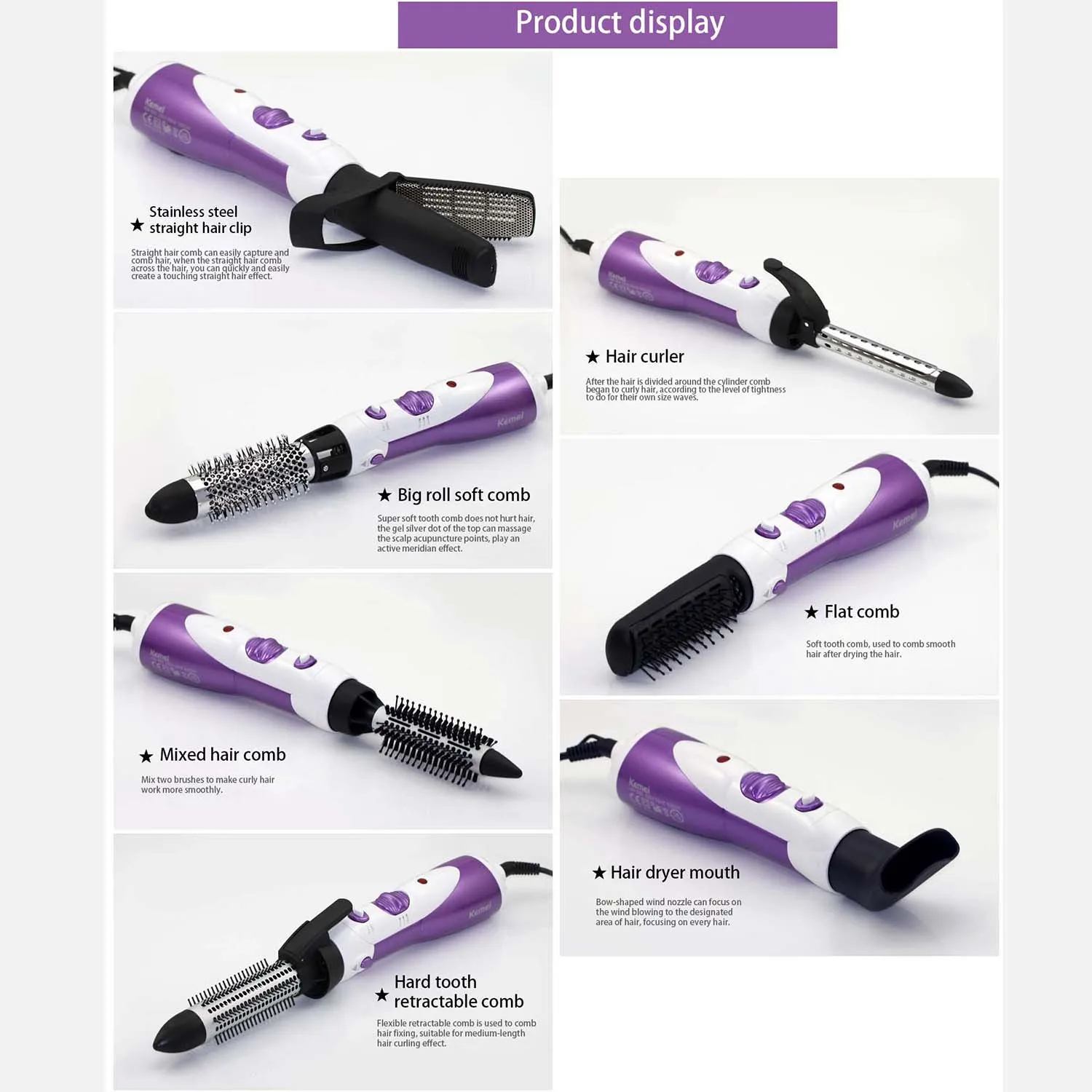 

Kemei 7 In 1 Electric Hair Comb Rotating Blow Hair Dryer Brush Hair Curler Wand Rollers Straightener Salon Hair Styler Tools