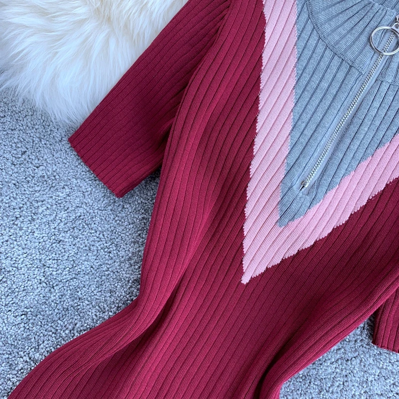 Vintage Slim Zipper Knitted Patchwork Summer Autumn Bodycon Midi Dress Party Women Pencil Knee Length Office Sheath dresses