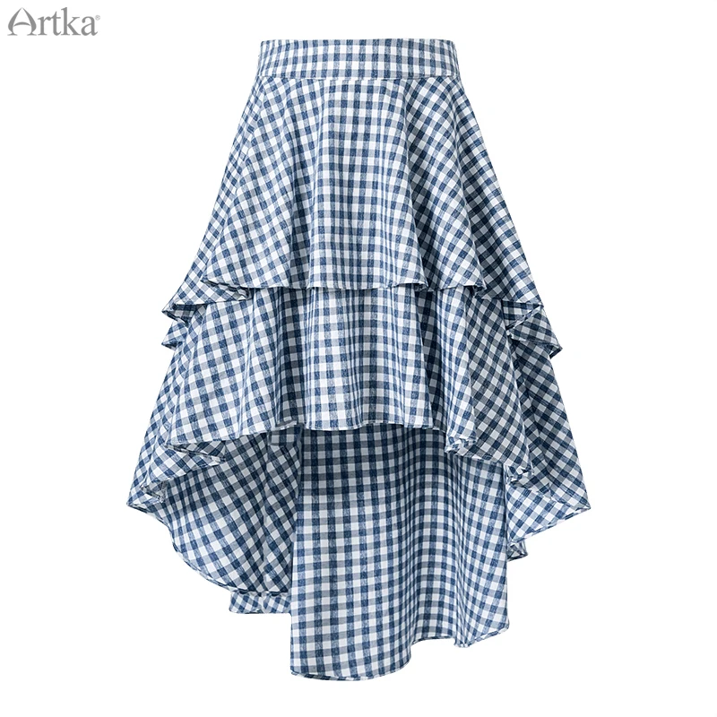 Женская клетчатая юбка ARTKA короткая двухслойная Асимметричная с ласточкиным
