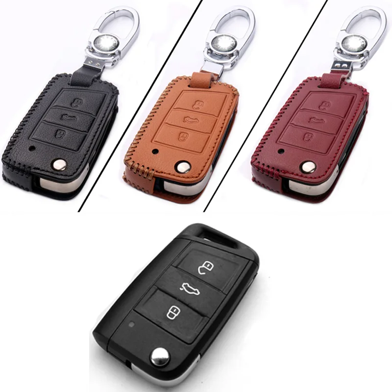 

Genuine PU Leather Remote Key Bag Case Fob Holder Chain For Skoda Series B Type