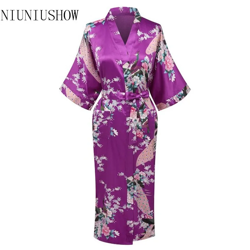 Фиолетовая китайская женская ночная рубашка из искусственного шелка кимоно с
