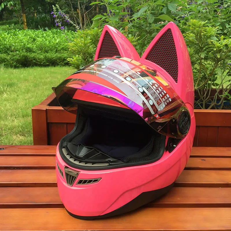 

Motorcycle helmet with cat ears Pink helmet race antifog personality design with horn capacete moto casco full face helmet