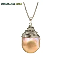 handmade light golden purple baroque pearl flameball silver color wire pendant necklace 16 18 box chain special for lady
