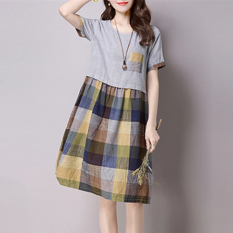 Zomerjurk dames, летнее платье с коротким рукавом, женское клетчатое лоскутное платье, свободные рубашки, плюс размер, хлопковые льняные платья