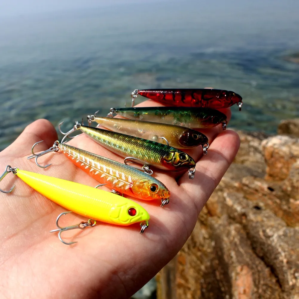 AOCLU Wobblers Super Quality 5 Colors 60mm 105mm Wencil Hard Bait Popper Stick Fishing Lures Bass Fresh Salt Water 10# VMC Hooks