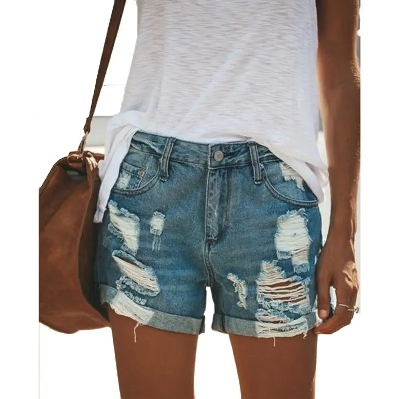 Женские летние джинсовые шорты сексуальные мини с дырками синие высокой талией