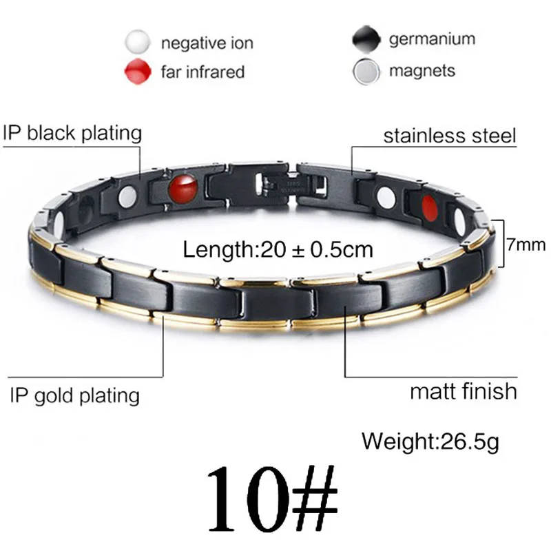 Gold Black 10 Для женщин и мужчин, забота о здоровье, германий, магнитный браслет для артрита и карпального туннеля, 316L, нержавеющая сталь, терапевтические браслеты - Окраска металла: Gold Black 10