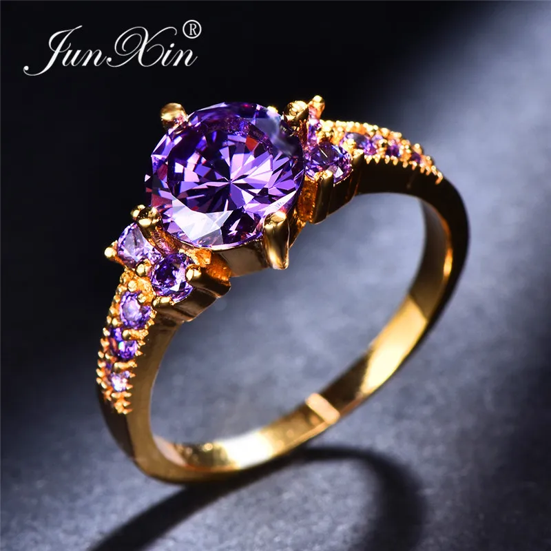 Purple Ring JUNXIN многоцветный циркон кольца с камнем рождения для женщин мужчин желтого золота заполнены круглый фиолетовый синий обручальное кольцо из кубического циркония женский - Цвет основного камня: Purple Ring