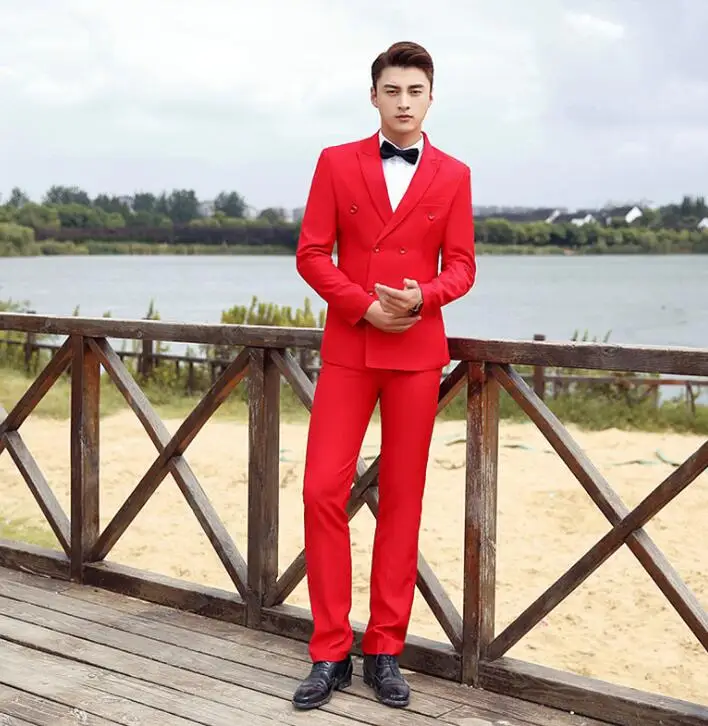 Blazer men groom suit set with pants mens wedding suits costume singer star style dance stage clothing red formal dress | Мужская одежда