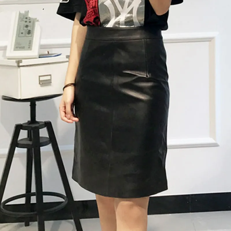 2018 юбка-карандаш женская черная натуральная кожа Юбки с высокой талией