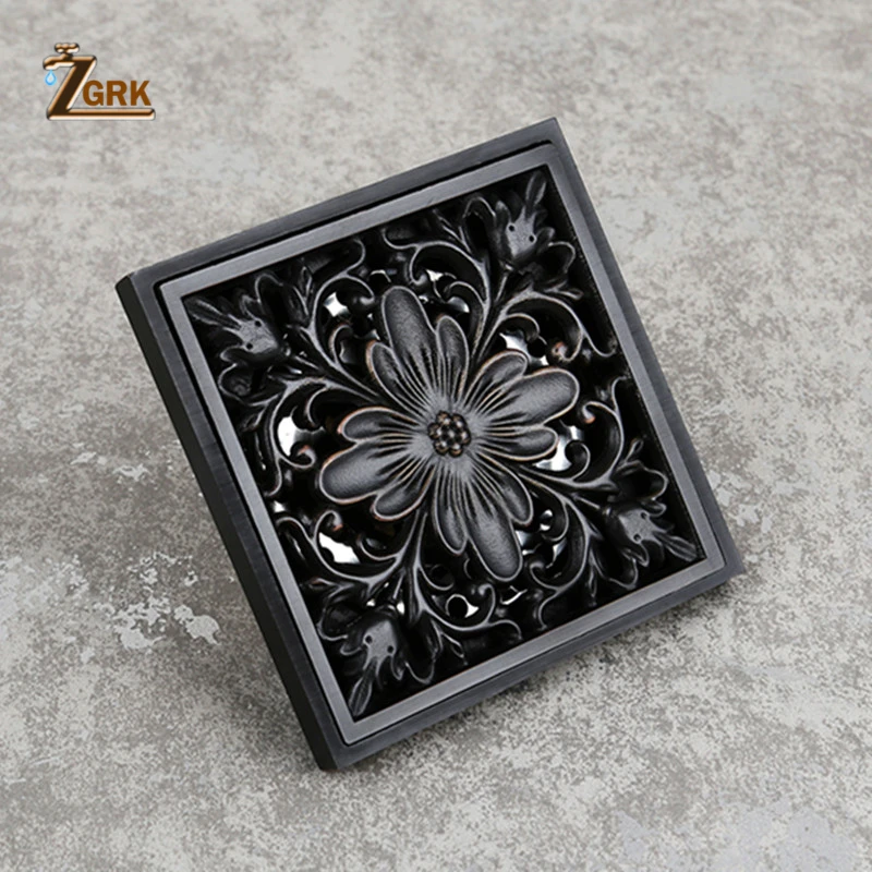 zgrk square black brass shower drain strainer floor cover balcony bathroom bath accessories grate waste 1010 floor drain free global shipping