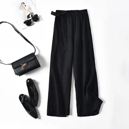 

2019 Summer New Casual Pants Woman High Waist Flax Loose Trousers Fashion Wide Leg Trousers With Belt Woman Clothing M-2XL