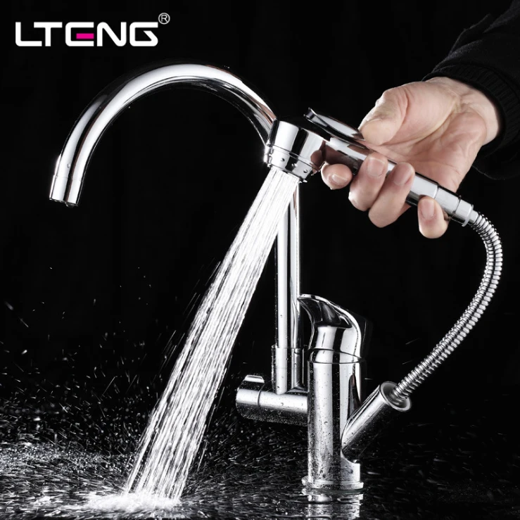LTENG kitchen faucet pull-out hot and cold water double handle all copper wash basin multi-function free shipping | Обустройство дома