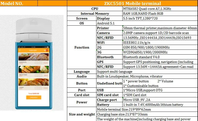 5,5 дюймов 13,56 МГц NFC, rfid-считыватель Android 5,1 сканер штрих-кода POS терминал с 58 мм Термопринтер