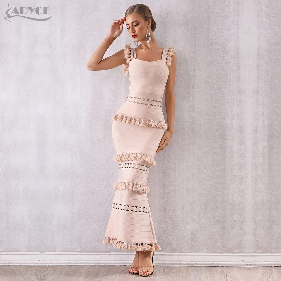 Adyce 2021 New Summer Women Maxi Hollow Out Bandage Dress Sexy Sleeveless Tassel Club Fringe Celebrity Evening Party | Женская одежда