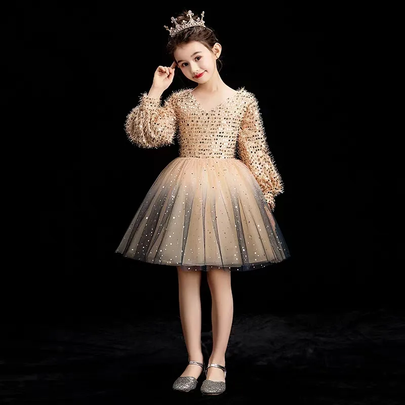 

Children Girls Elegant Fashion V-Collar Long Sleeves Evening Birthday Party Mesh Dress Toddler Kids Piano Costume Prom Dress