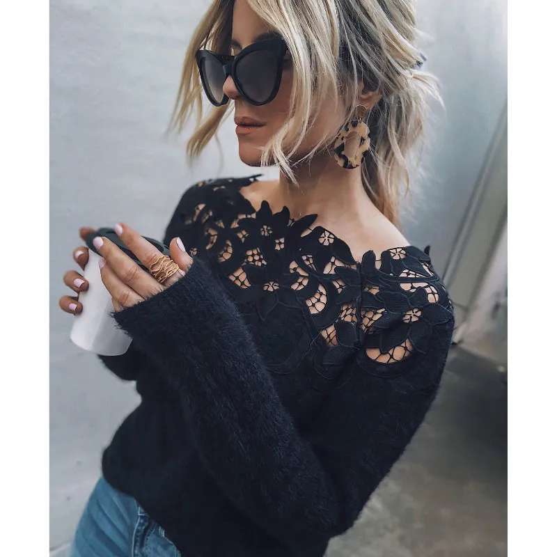 hirigin Women's Knitted Sweater Long Sleeve Hollow-out Applique Pullover Jumper vintage Autumn Elegant FashionTops | Женская одежда