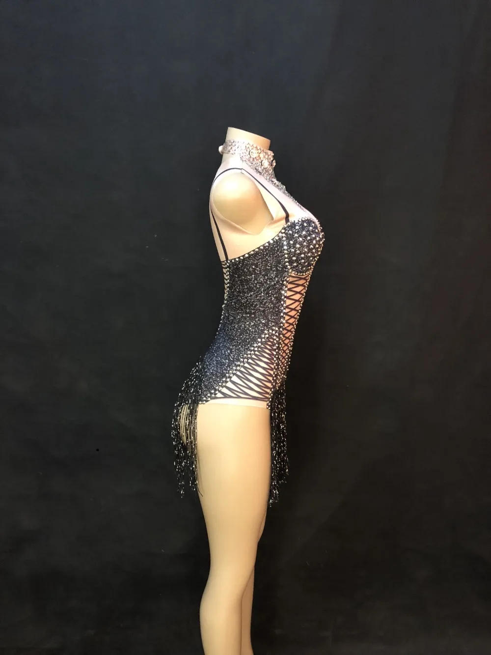 Women Sexy Stage Bodysuit Black Tassel Silver Sparkling Crystals Jumpsuit Nightclub Birthday Wedding Wear Singer Dance Costumes