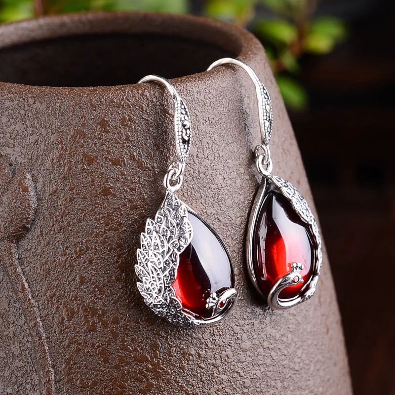 S925 sterling silver earrings female chalcedony blue sandstone pomegranate red retro elegant peacock new free shipping | Украшения и