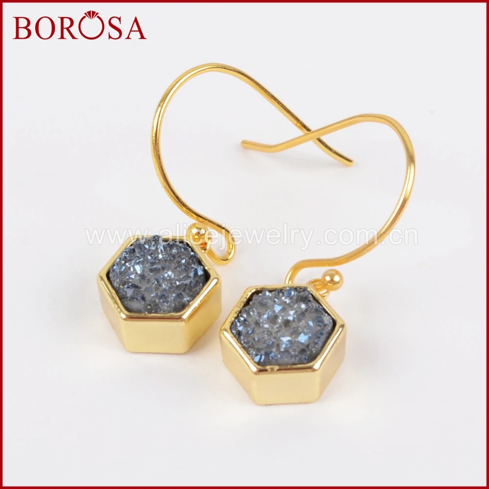 

BOROSA 5Pairs Drusy Dangle Earrings for Women,Gold Color Hexagon Rainbow Titanium Crystal Druzy Charm Drop Earrings ZG0159