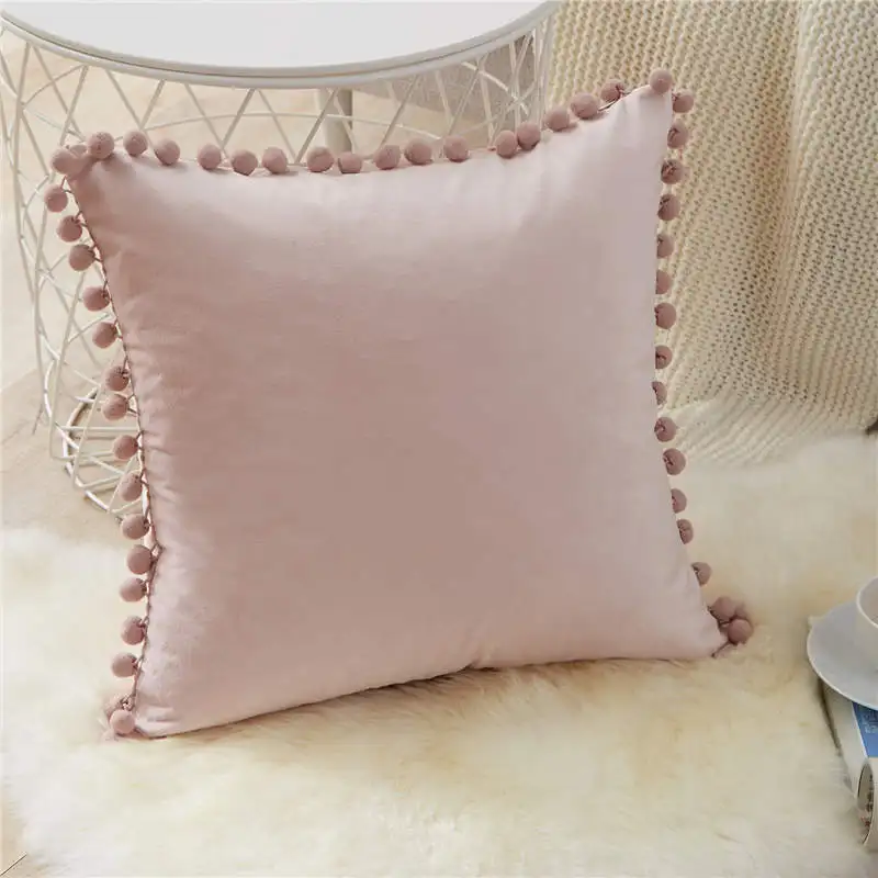Light Pink Topfinel, мягкие бархатные Декоративные Чехлы для подушек, роскошная наволочка для подушек, квадратная наволочка с шариками, наволочка для дивана, кровати, автомобиля, 9 цветов - Цвет: Light Pink