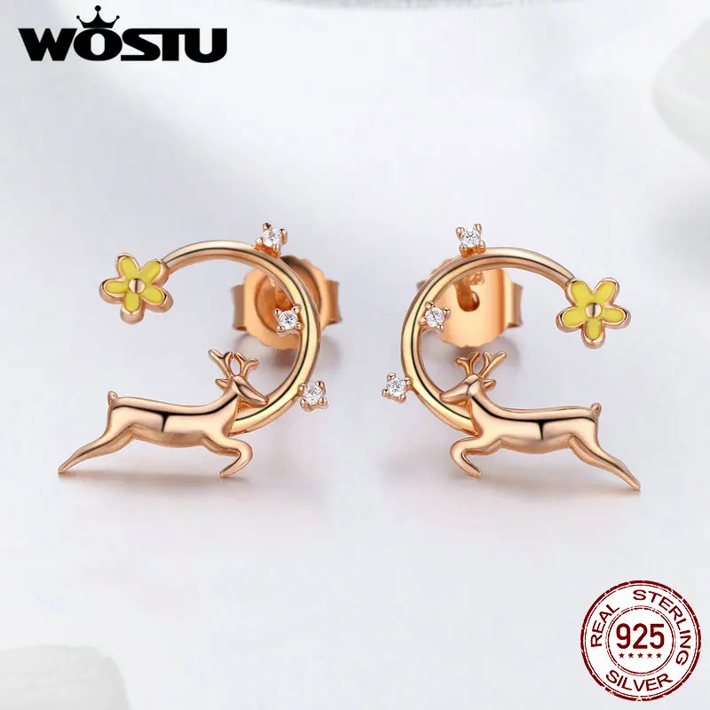 WOSTU Новое поступление 925 пробы серебряные маленькие рождественские серьги-гвоздики в виде оленя для женщин настоящие S925 ювелирные изделия прекрасный подарок DAE014