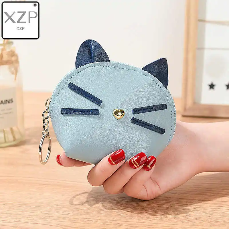 Небесно-голубой XZP кошка Кошельки для монет для женщин ПУ кошелек маленький милый мультфильм Чехлы для карт и ключей сумка Деньги сумки для девочек Дамская сумочка дети - Цвет: Небесно-голубой