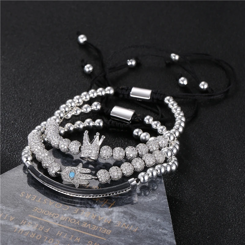 

3pcs/set 6mm CZ ball Fatima Zircon Charm Bracelets Jewelry Men CZ Imperial Crown Charm Braided Macrame Bracelet Pulseira Femini