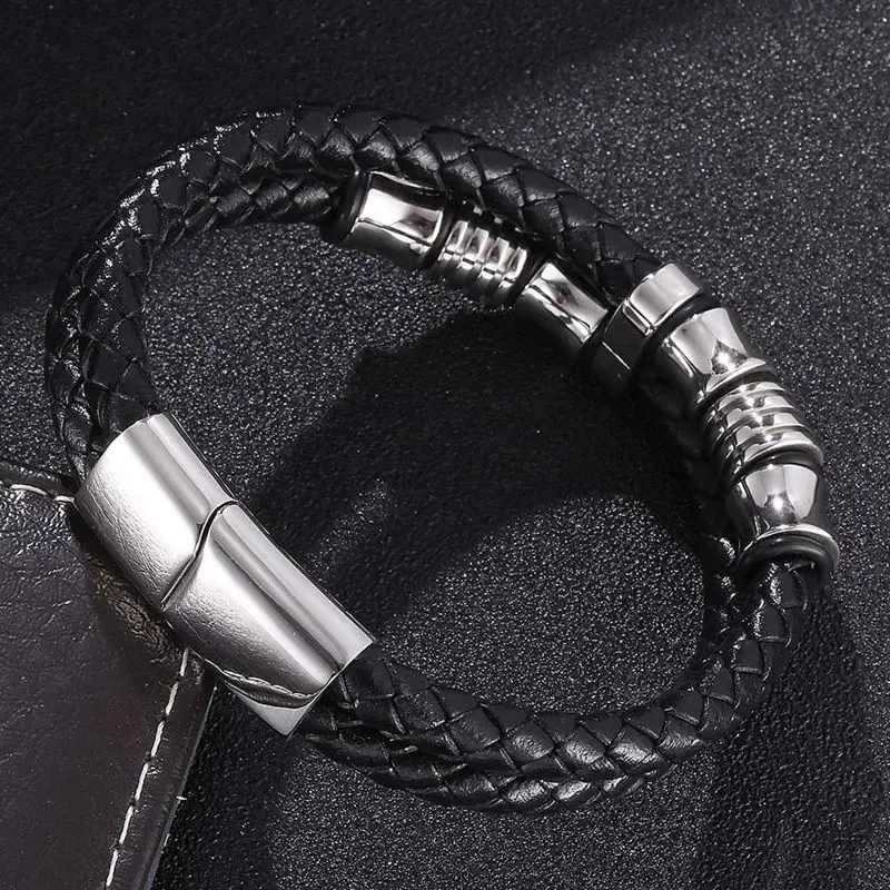 Мужской кожаный плетеный браслет Серебристый из нержавеющей стали с магнитной