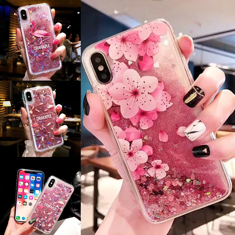 Жидкий чехол с водой для iPhone 7 блестящий мягкий фламинго цветочным рисунком 11 Pro X