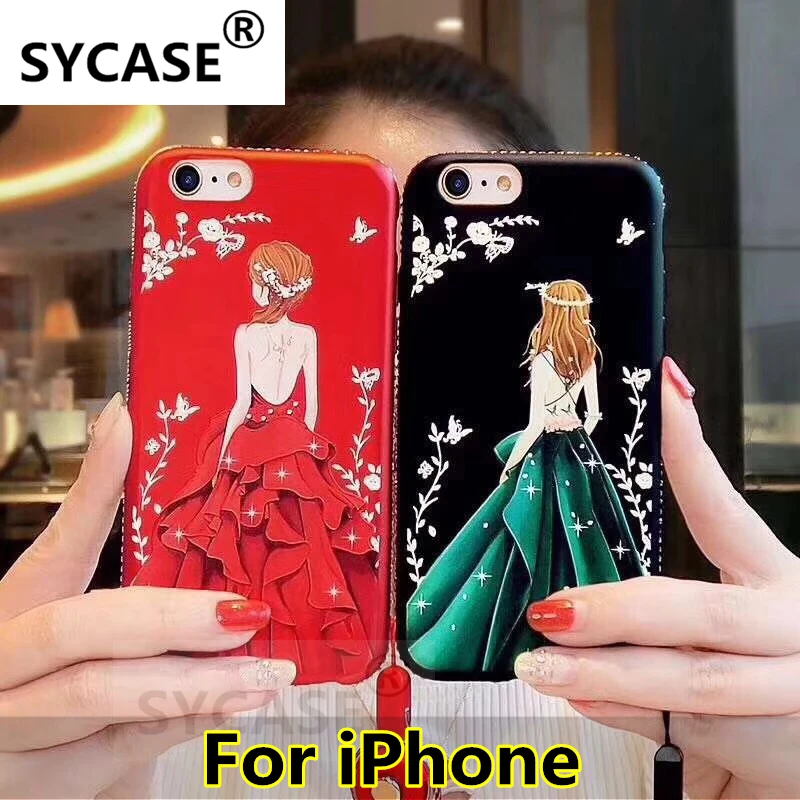 SYCASE For iPhone X XR XS Max New Red Painted Embossed with Diamond Phone Shell Female Model Back Goddess case |