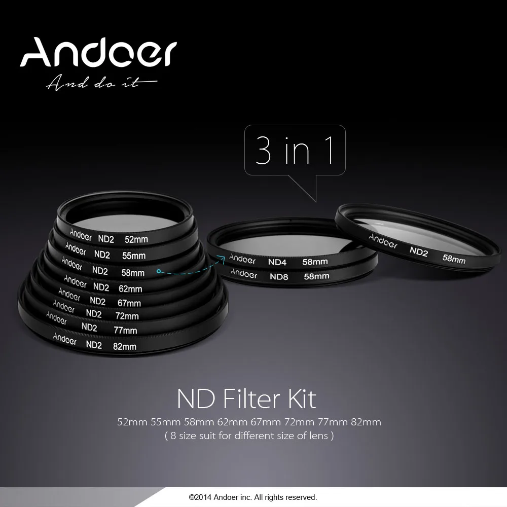 Andoer 58 мм фотографии фильтр комплект ND2 ND4 ND8 фейдер для Nikon канона Rebel T5i T4i EOS 1100D 650D