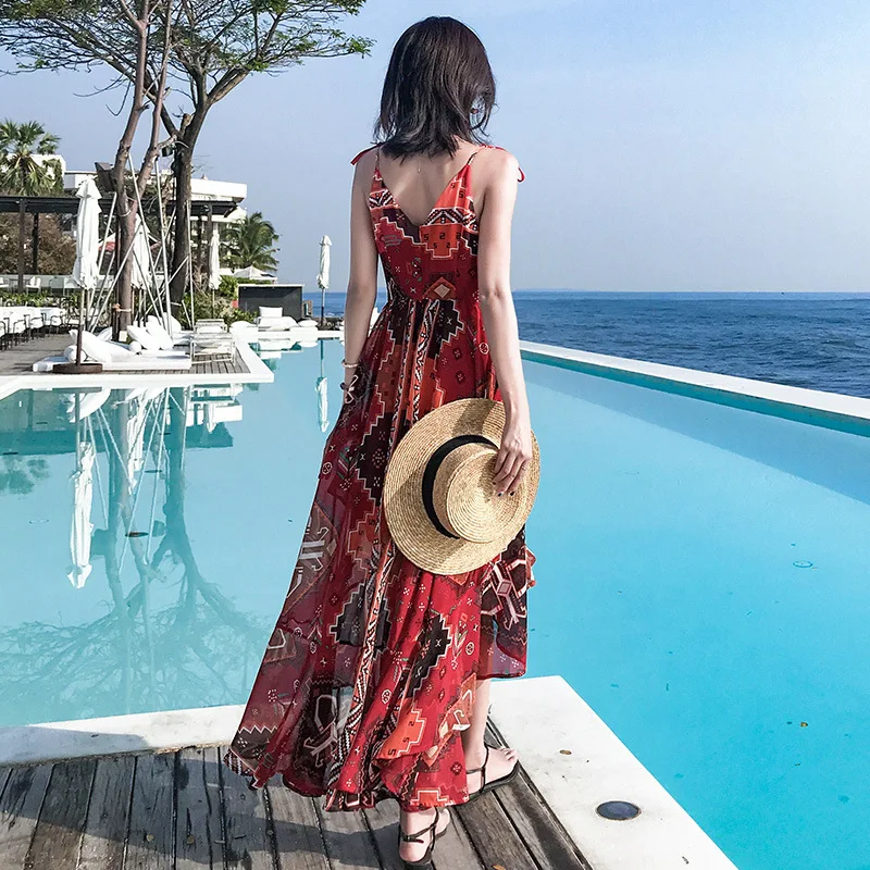 Spaghetti Strap V Neck Boho Maxi Woman Dress Empire Loose Sexy Vintage Beach Dresses Sleeveless Floral Printed Party Vestido | Женская